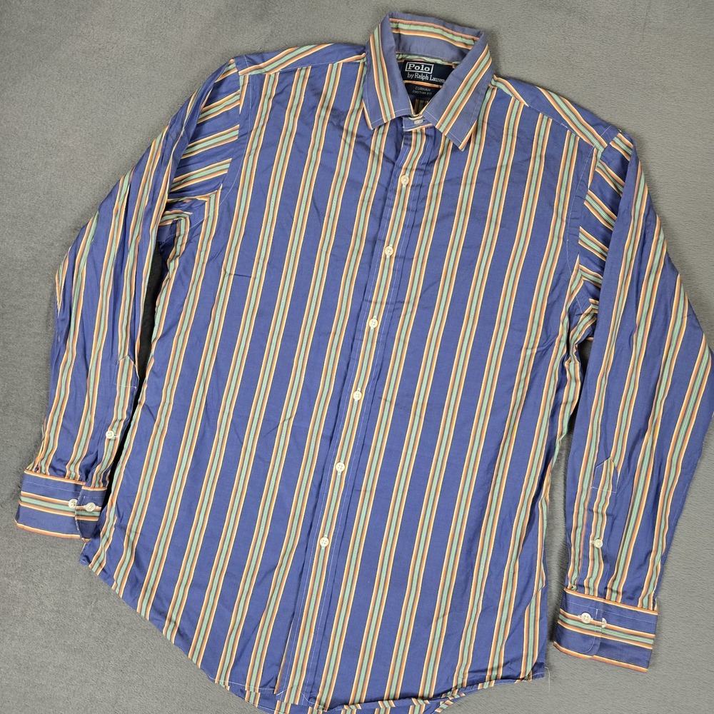Polo Ralph Lauren CURHAM Shirt Men 15.5 32/33 Blue Stripe Button Down Custom Fit